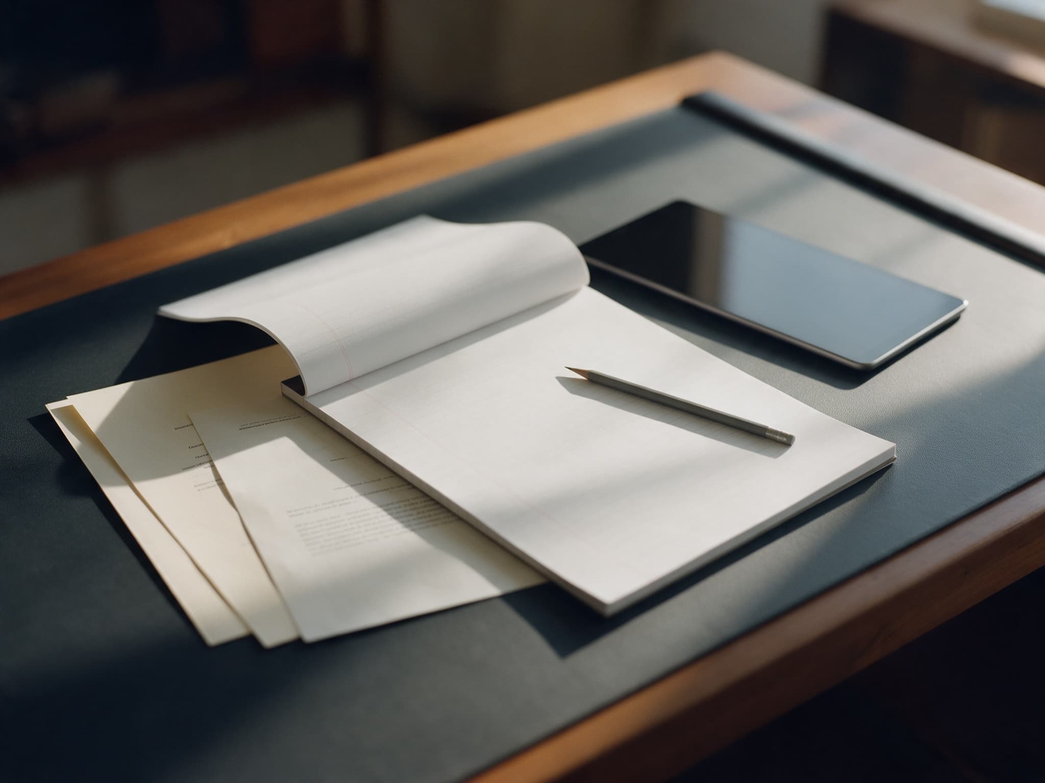 Schreibplatz mit Block, Stift und Tablet — Entwurf und Prüfung